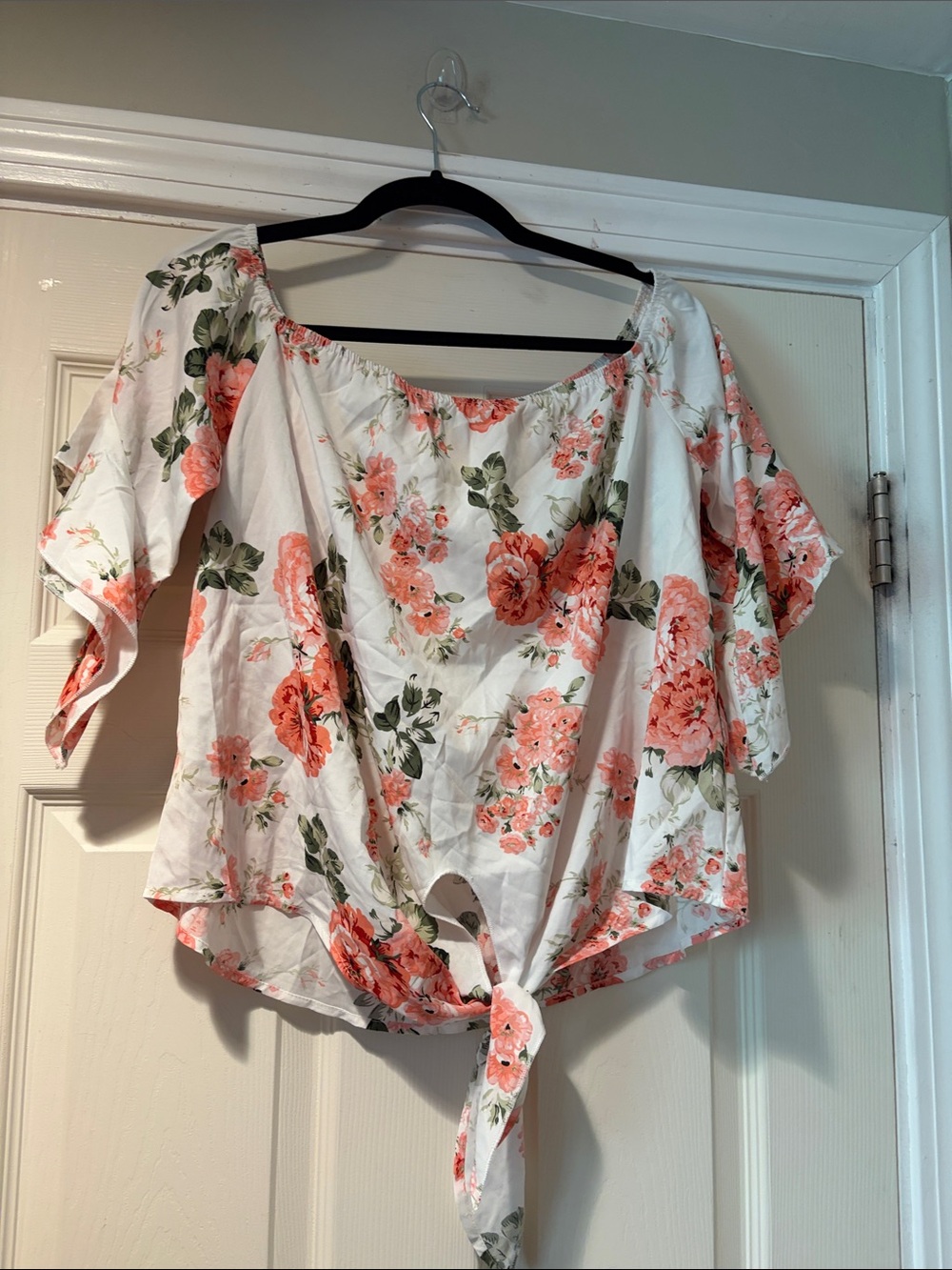 SHEIN Off-Shoulder Tie-Front Ruffle Sleeve Blouse in white floral L